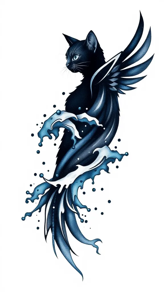 Water, waves, freedom, Cat or bird representing freedom, night, blue colour or black colour  tattoo