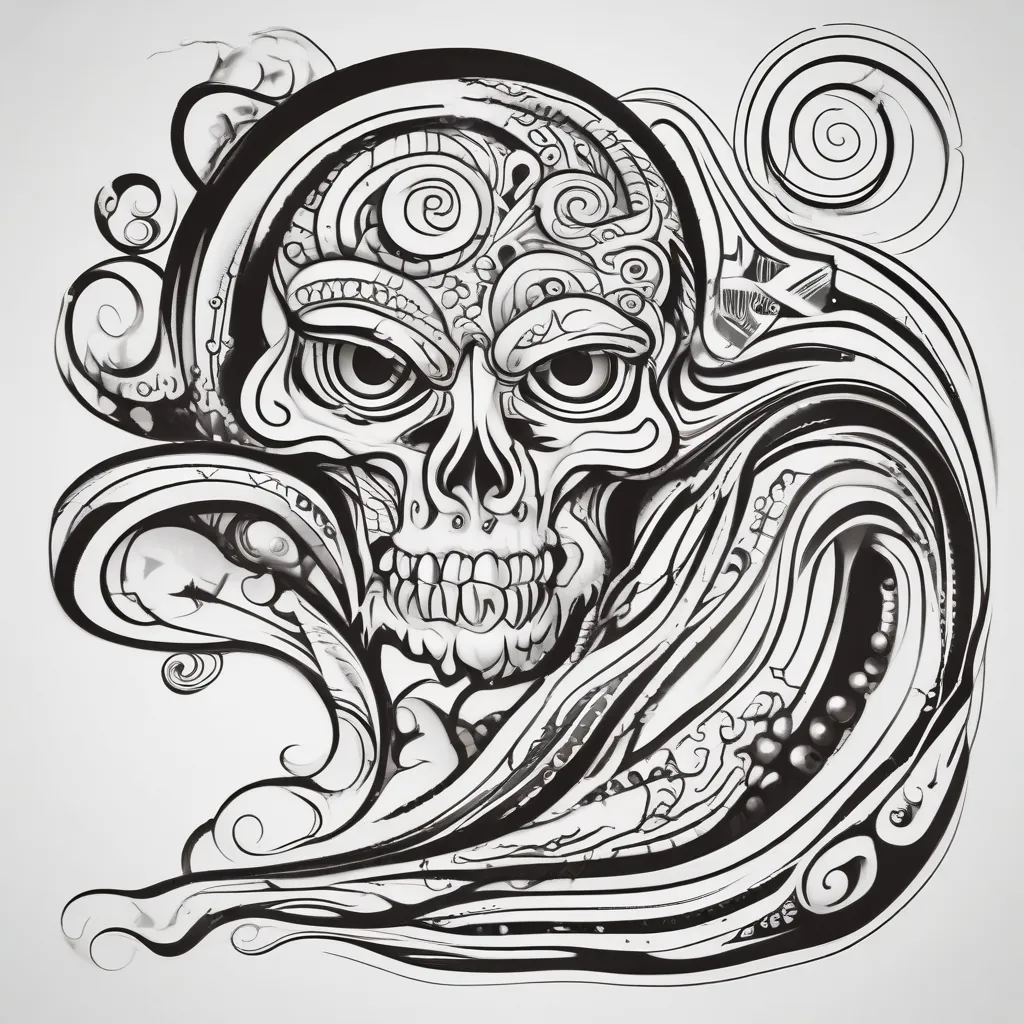 waves, monster head, spiral  tattoo