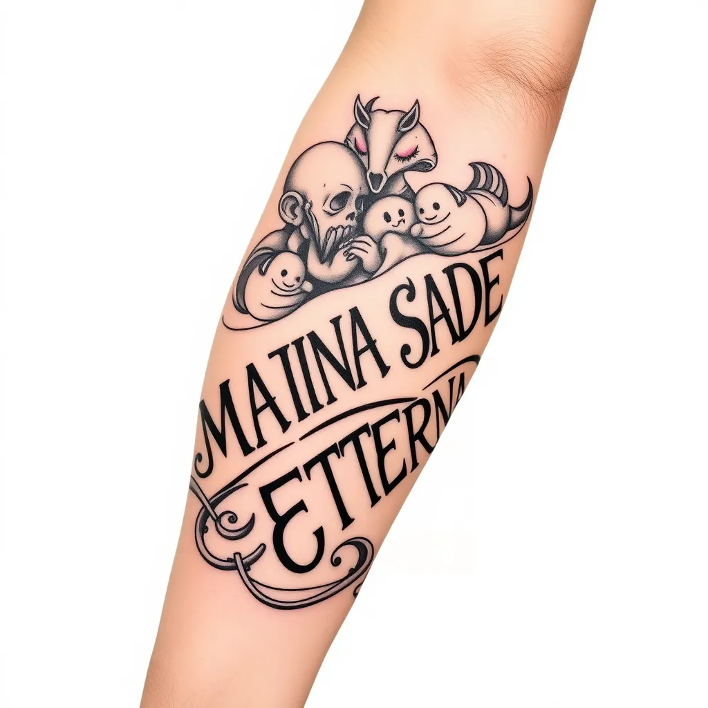 Com o nome da filha falecida, "MARINA SAUDADE ETERNA", em preto e branco no braço masculino tattoo