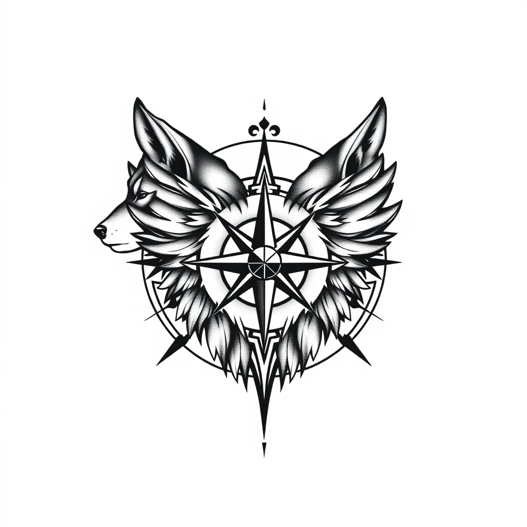 With the sides of the wolf as the main, make the compass large in the background and cross lettering tetování