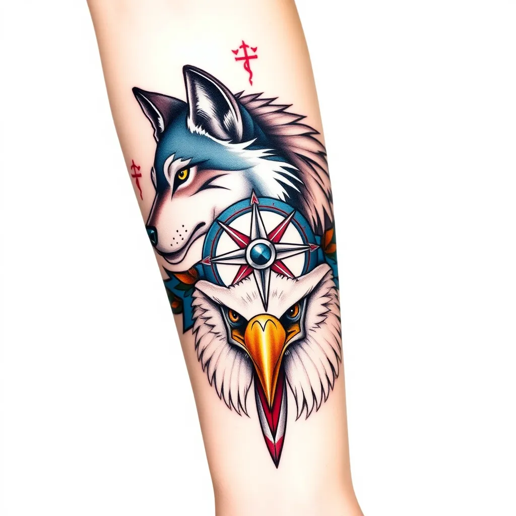 wolf e acima bussola e acima rosto aguia no antebraco tattoo