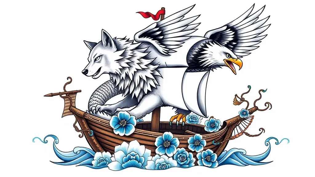 Wolf against eagle on the board of the ship look loke asian dragon with blue flowers tattoo