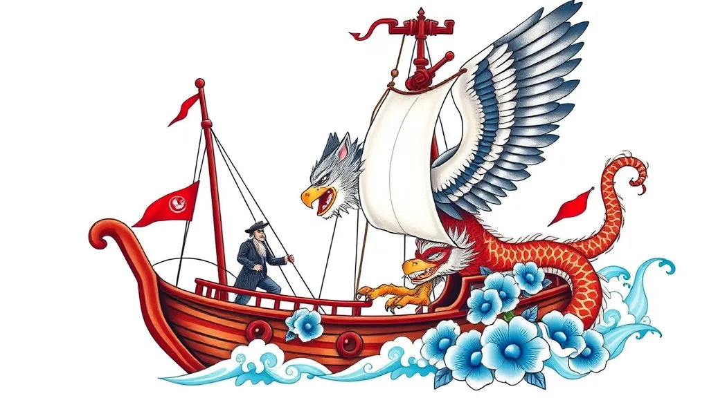 Wolf against eagle on the board of the ship look loke asian dragon with blue flowers tattoo