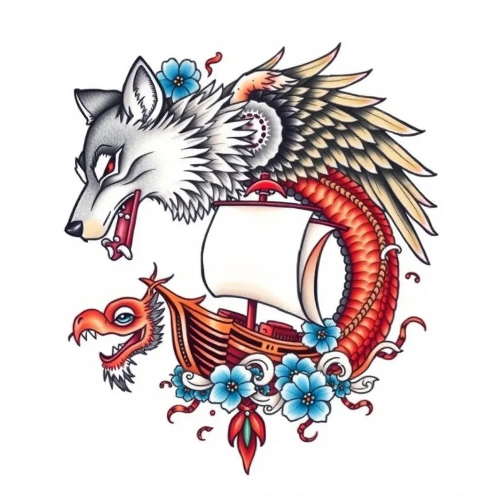 Wolf against eagle with ship look like asian dragon with blue flowers tattoo