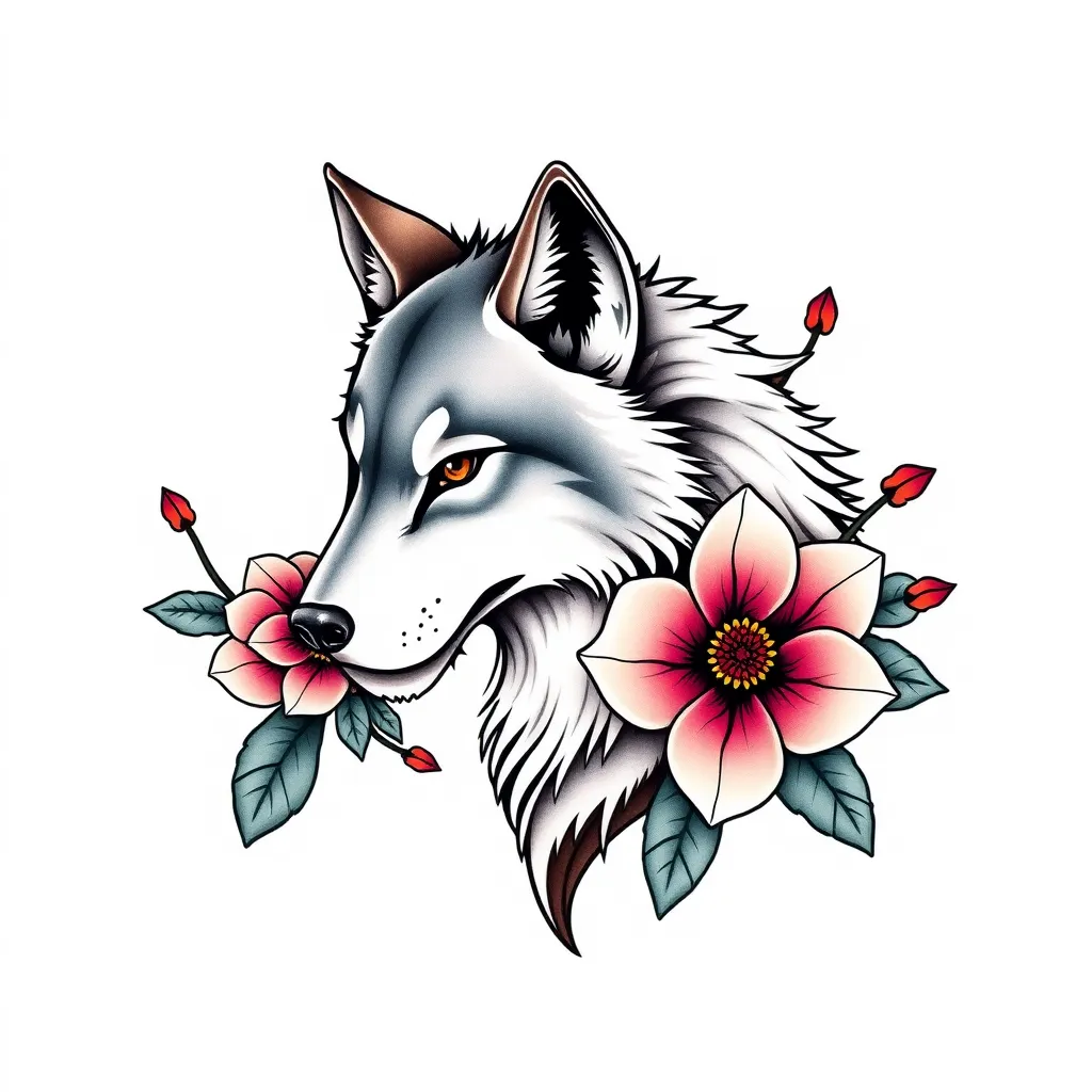 Wolf and flower tattoo