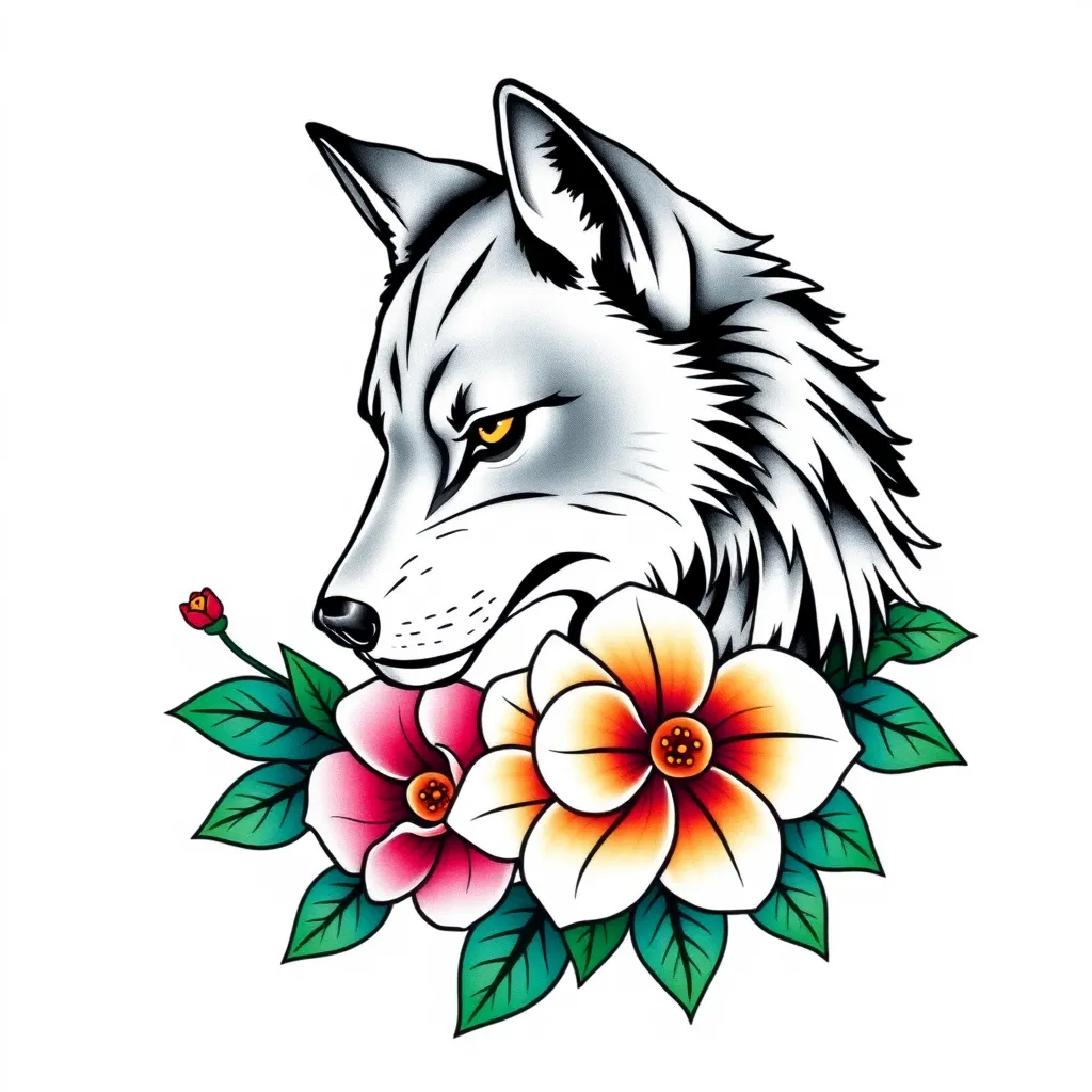 wolf and flower tattoo