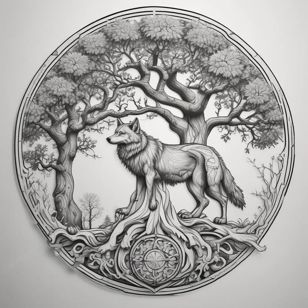 Loup et arbre de vie татуировка