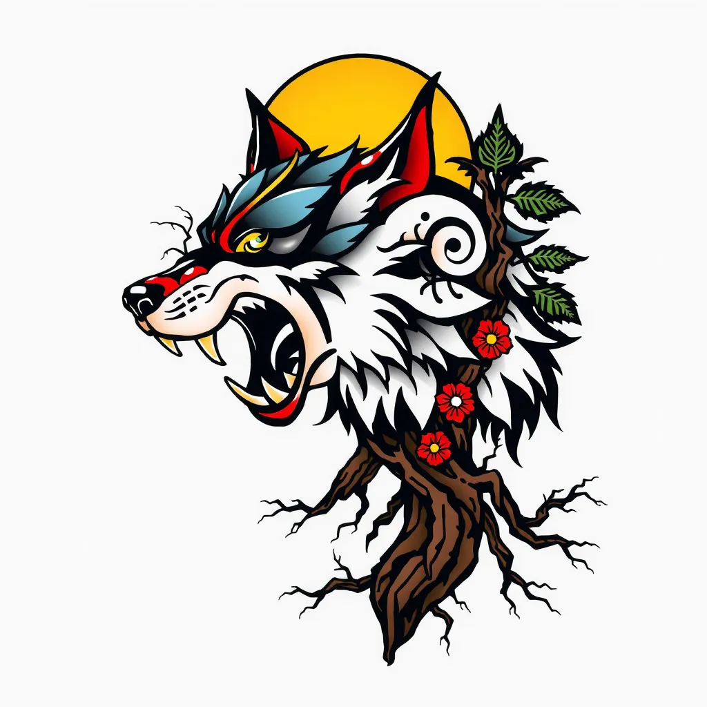 loup , crocs , arbre , lune  tattoo