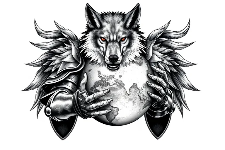 lobo con armadura  sujetando al mundo en sus manos  入れ墨