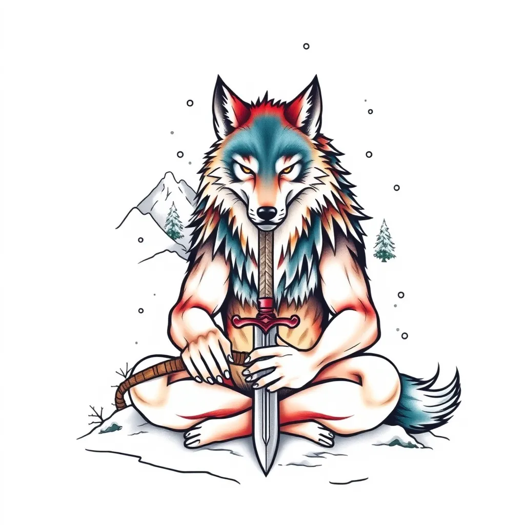 Wolf meditating with sword on the ground under a snowy landscape  tetování