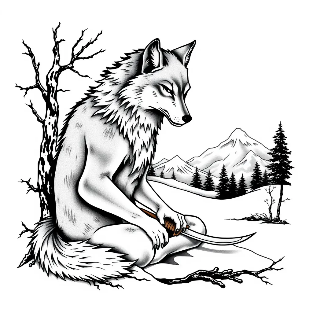 Wolf meditating with sword on the ground under a snowy landscape  Tätowierung