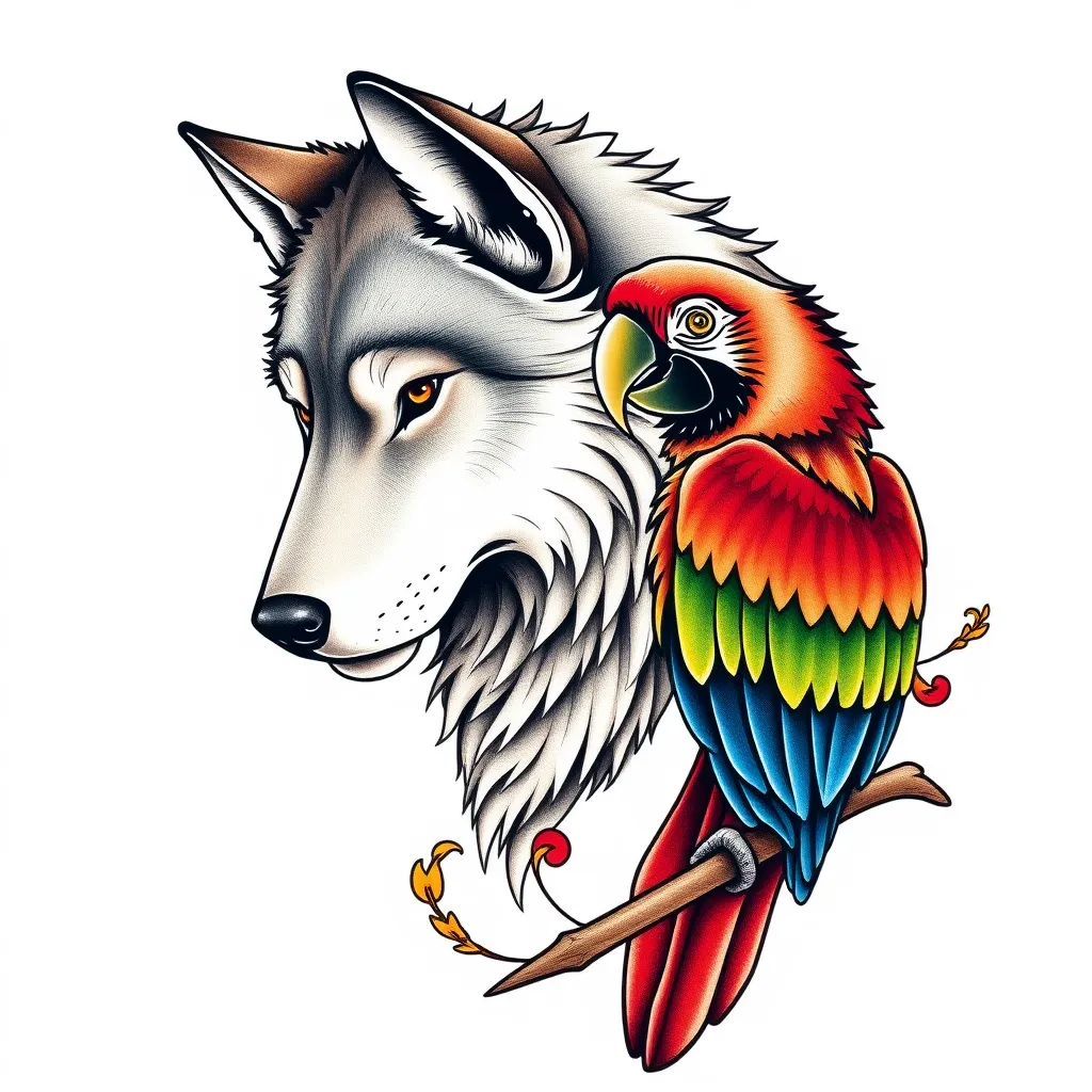 wolf + parrot tatuagem