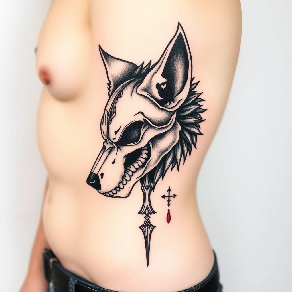 wolf skull outline on my side of body τατουάζ