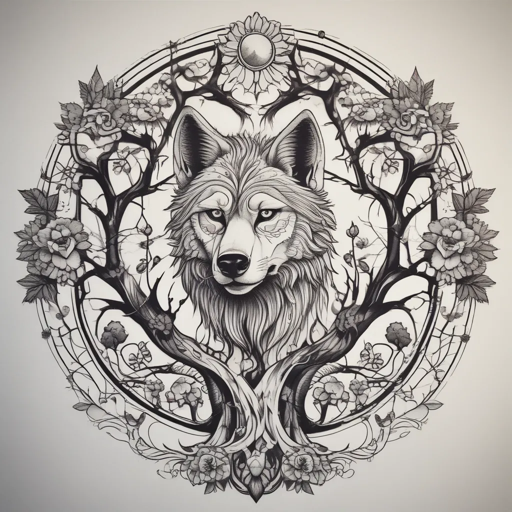 Loup - arbre de vie tatoeage