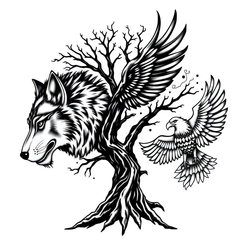 Wolf , tree, warrior, eagle  tatuointi