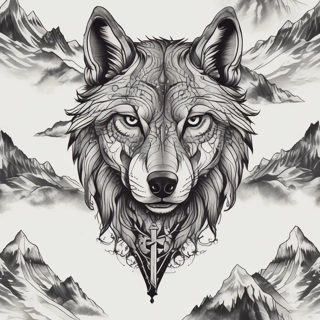 wolf with cross and mountains tatuaggio