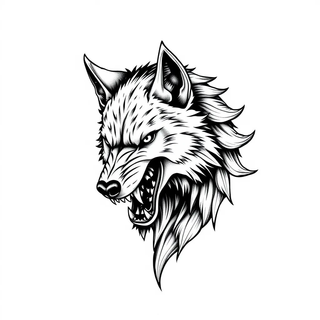 Wolf with nine heads and long sharp fangs with  tattoo