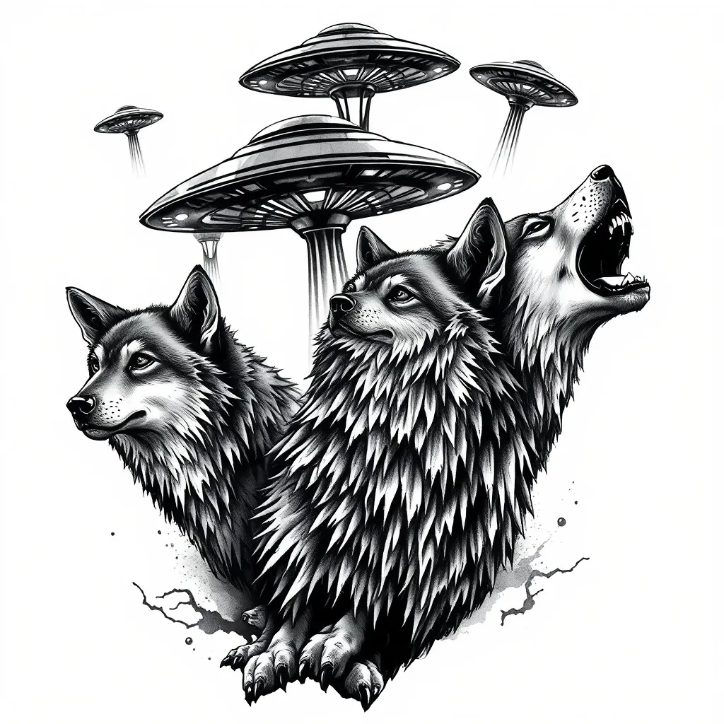 Lobos vs aliens y ovnis de fondo  tatuaż