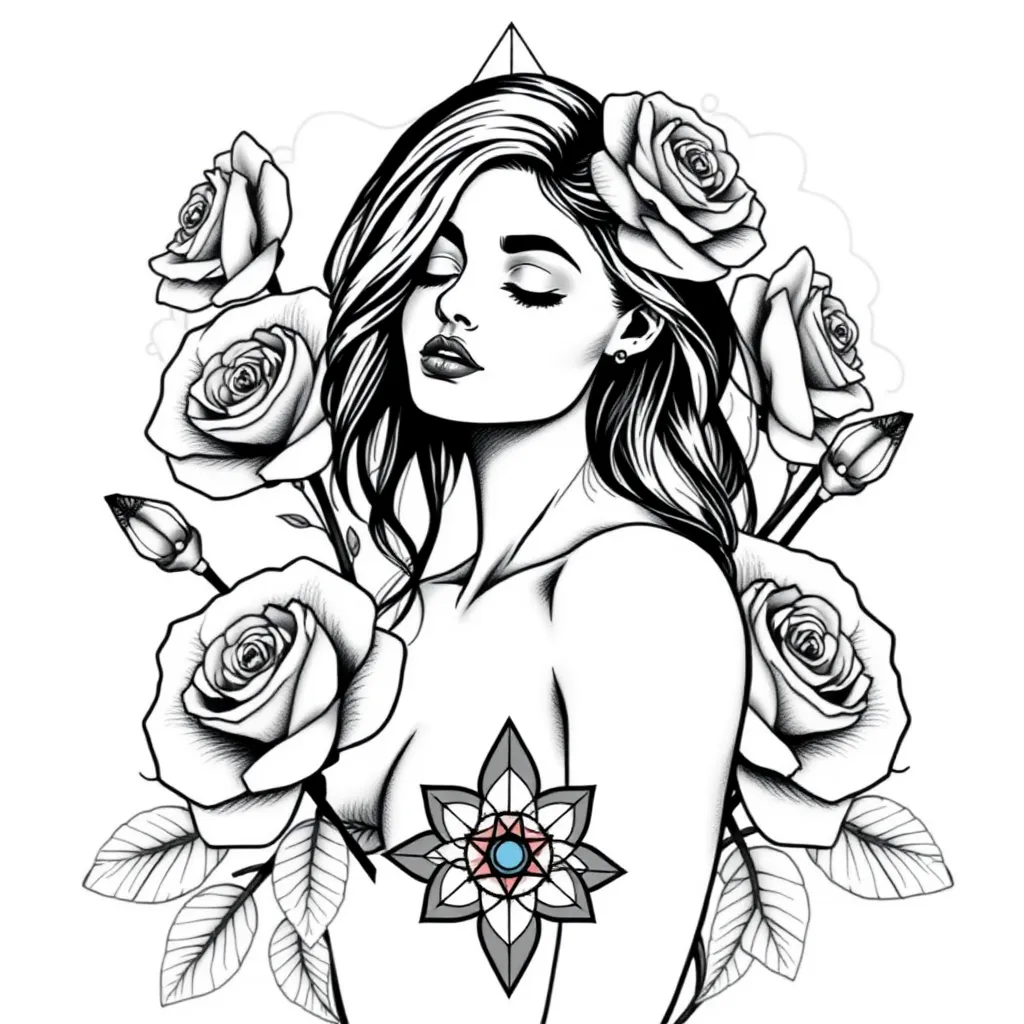 woman in front of a few roses, flowers,  tatuagem