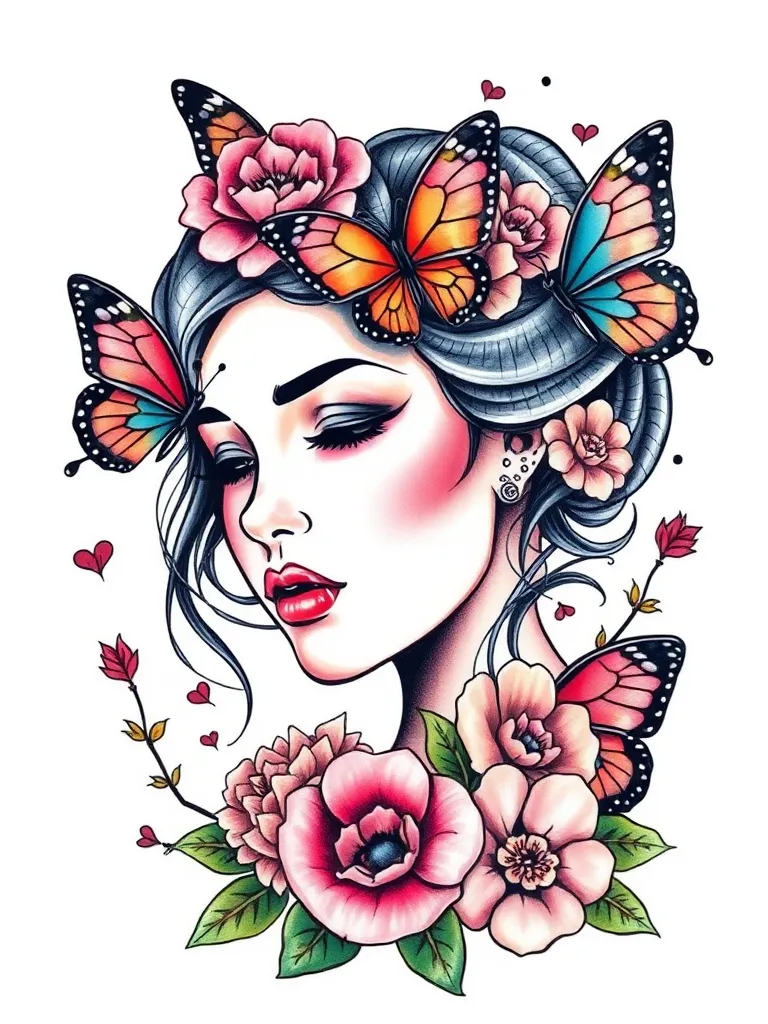 Rostro mujer, con mariposas y flores  tatuering