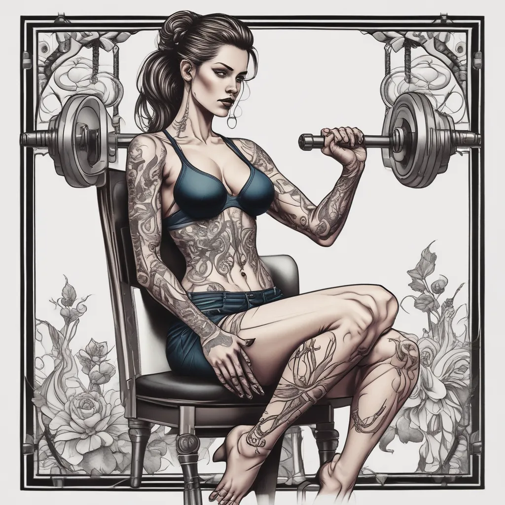 woman ,veins,muscles,sitting on a chair ,preacher curls with weights tetování