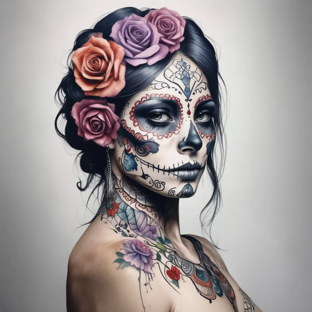 woman with the dia de las muertas mask, looking grim, tattoo which should be placed on upper arm  문신