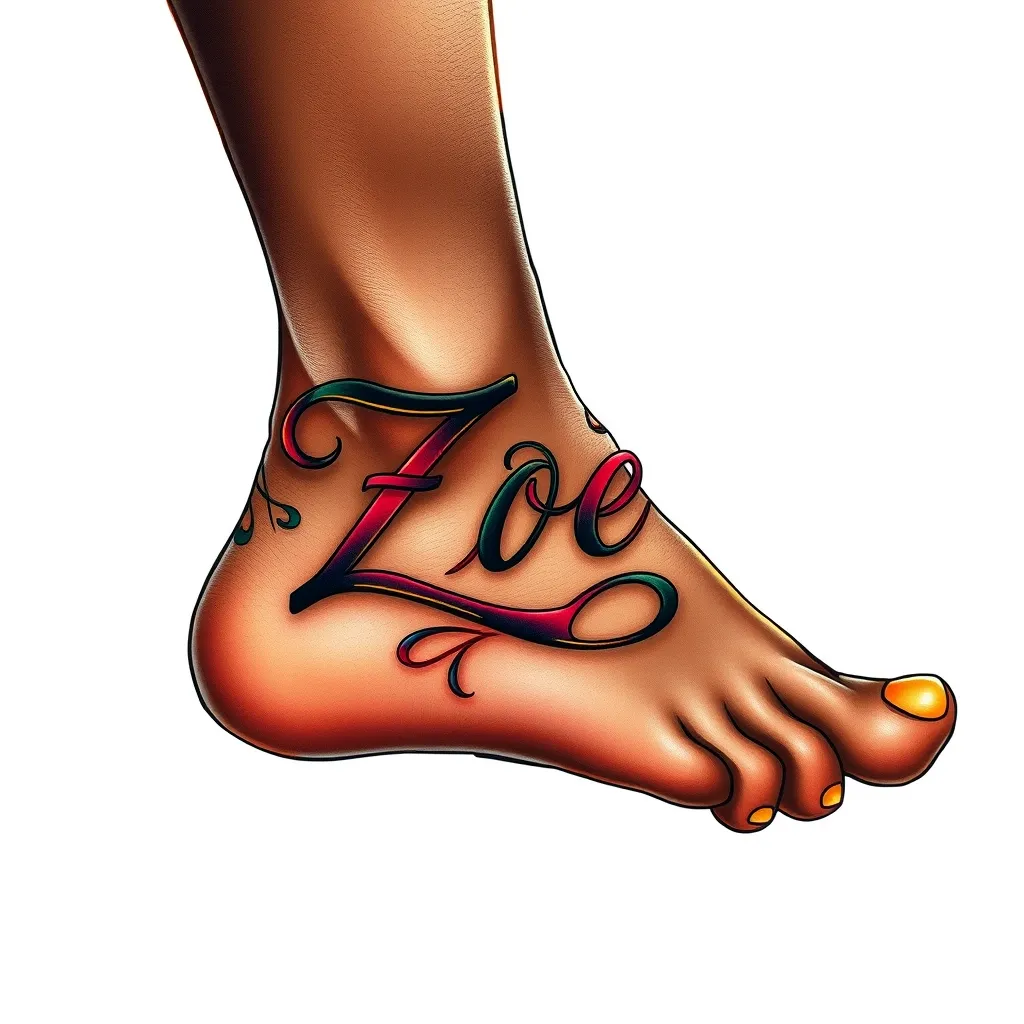 Scrivi il nome: ZOE sul piede, pelle scura tatouage