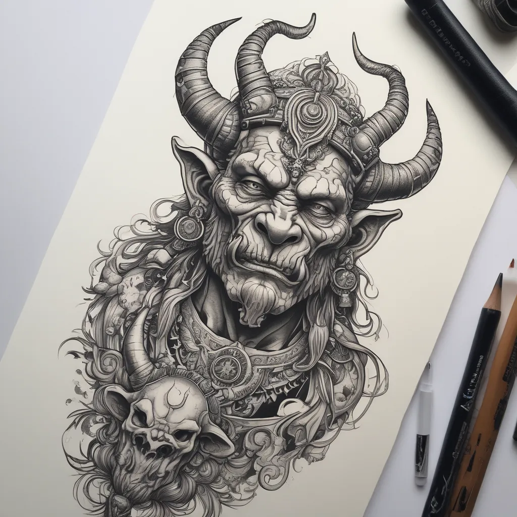 Yak Thai ogre Head on a Mix of a Baphomet and Bhudda Body 纹身