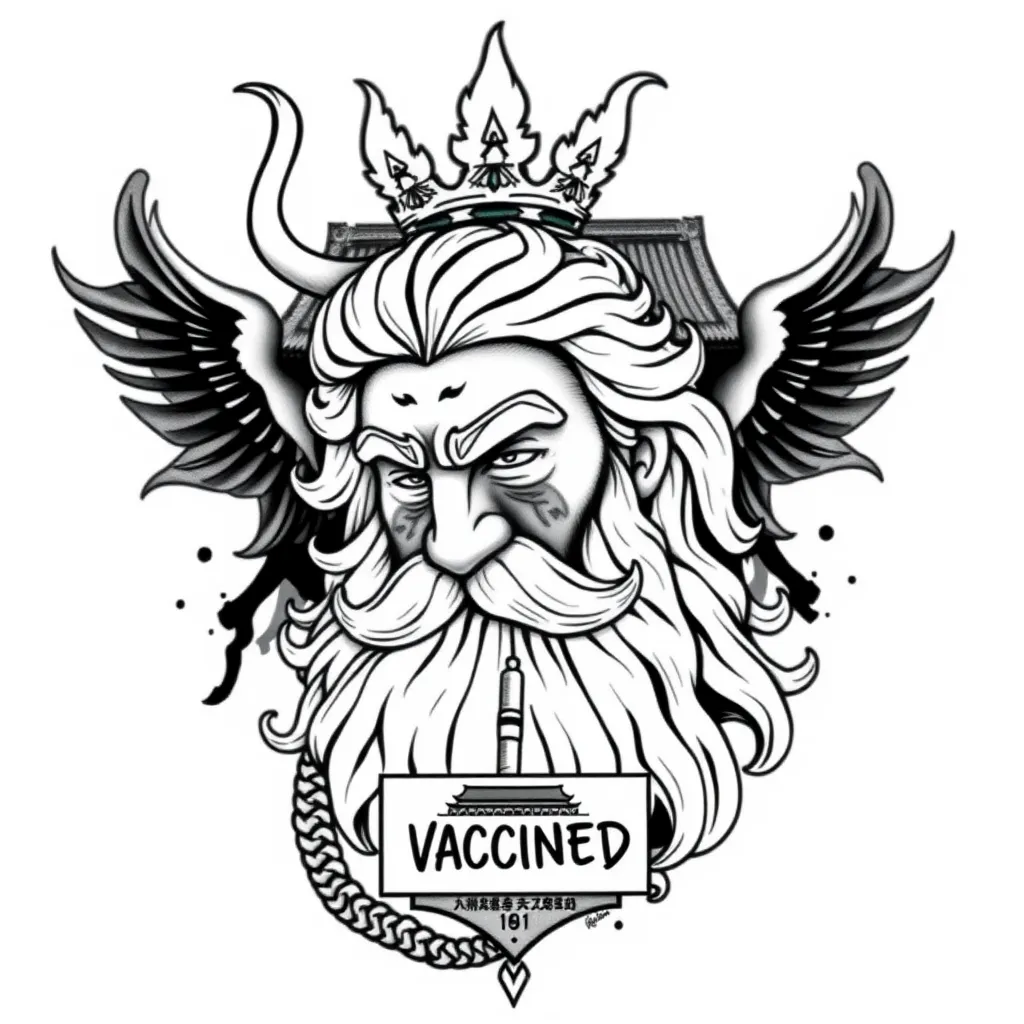 zeus wearing a badge that embarked with the word'vaccinated' on it and tian'an men square on the background.balck and white,grey only tatuaggio