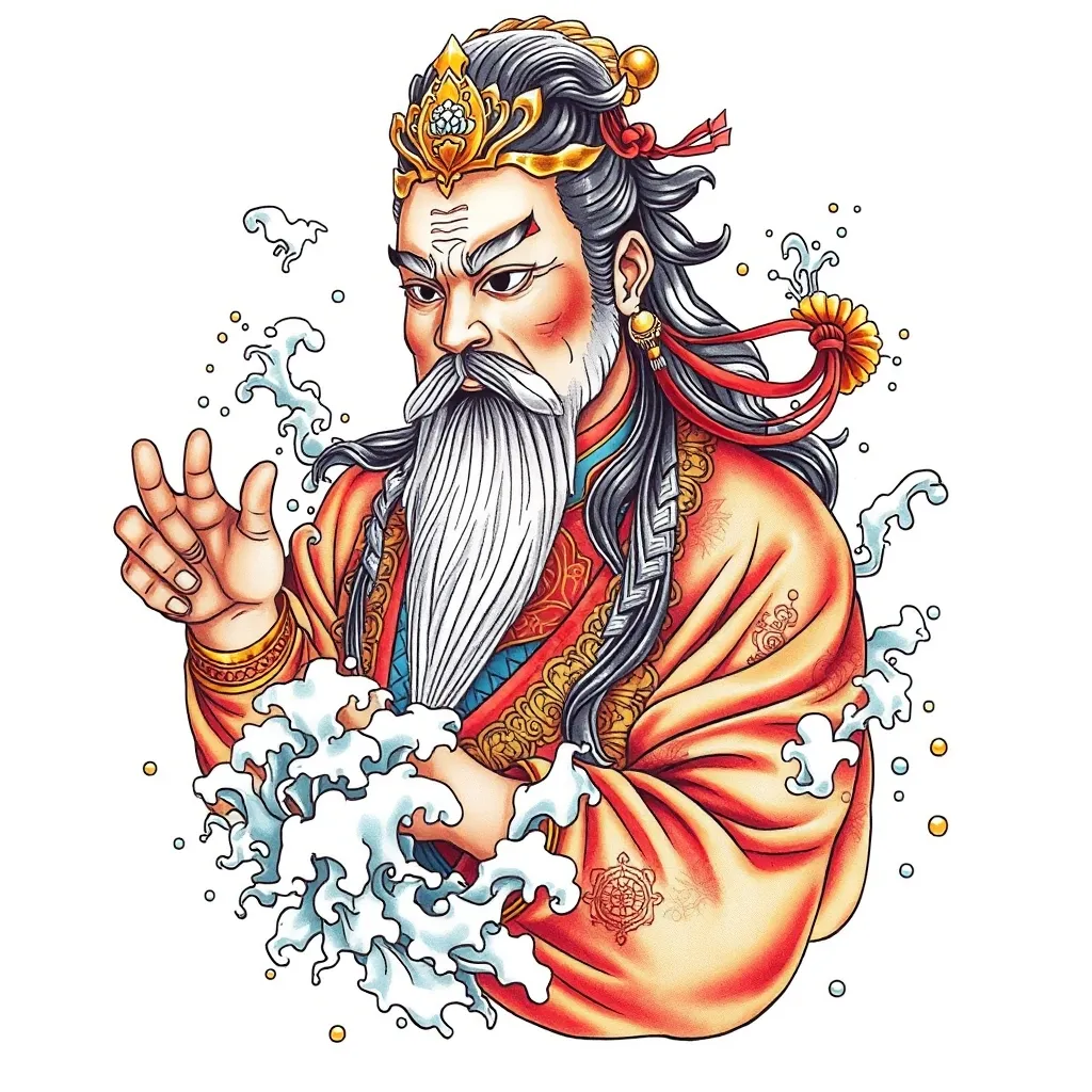  赵公明穿金带银 周围有水元素包围 tattoo