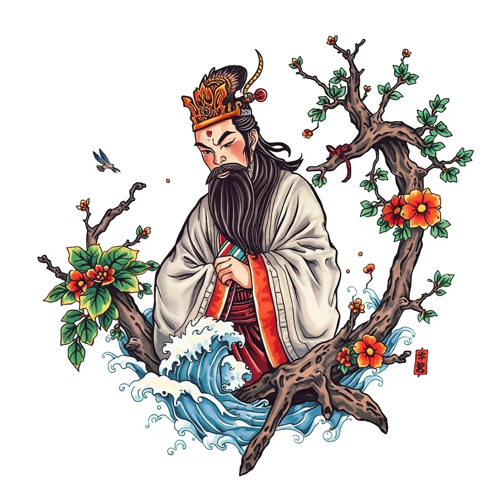 赵公明 周围有水木元素 tattoo