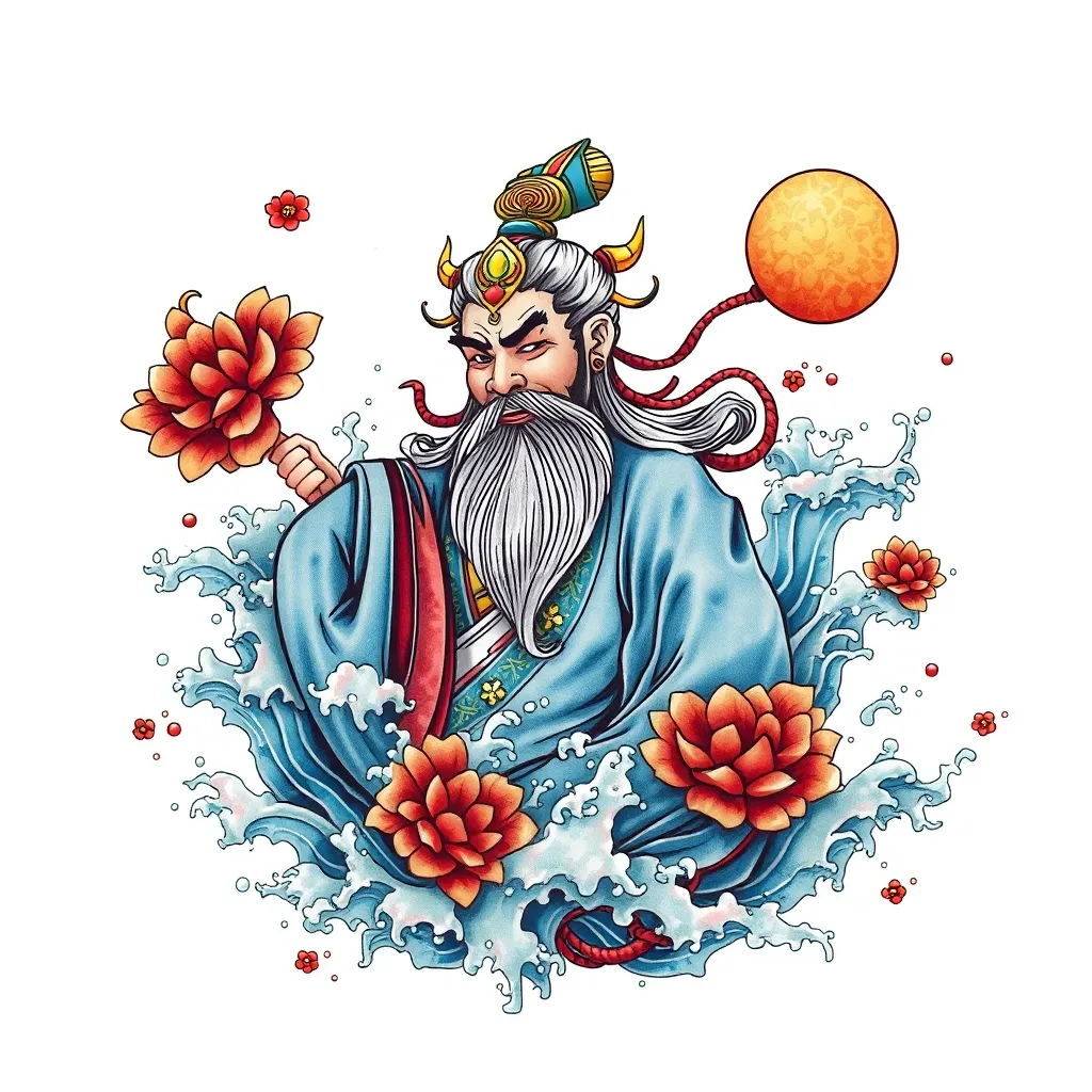 赵公明 周围有水元素包围 tattoo