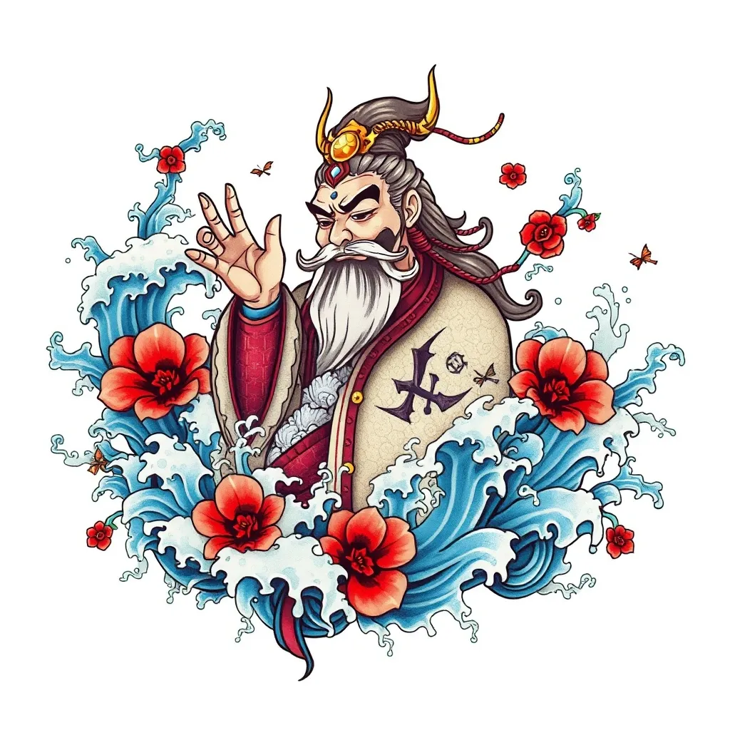  赵公明 周围有水元素包围 tattoo