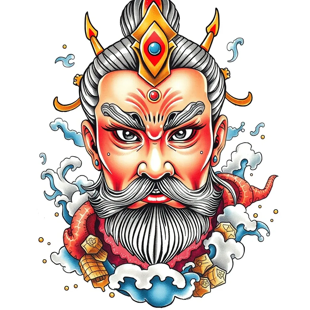赵公明 表情端庄威武霸气 周围有水元素和金子包围 tatuaje