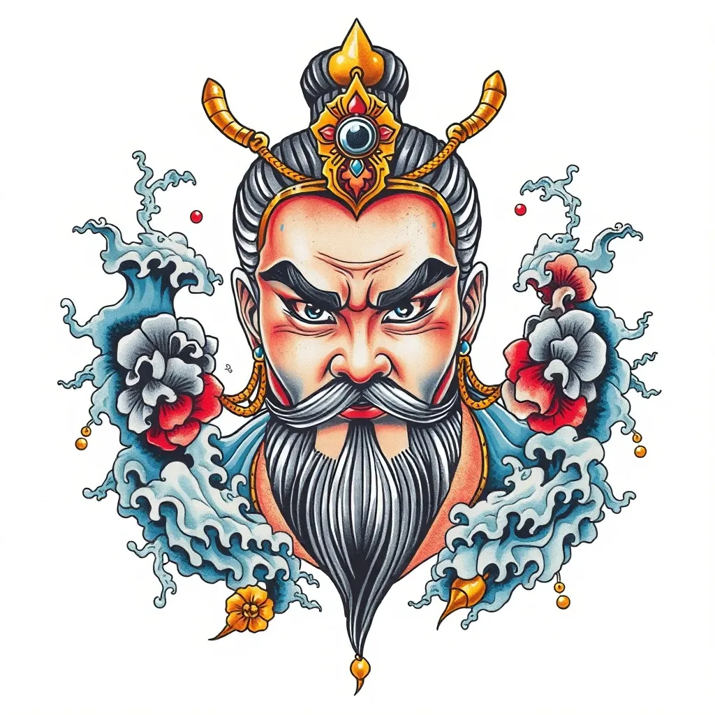 赵公明 表情端庄威武霸气 周围有水元素和金子 τατουάζ
