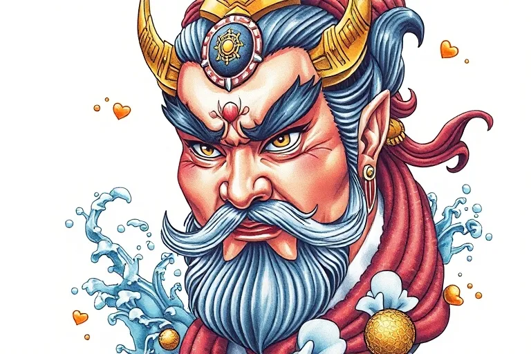 赵公明 表情端庄威武霸气 周围有水元素和金子 татуировка