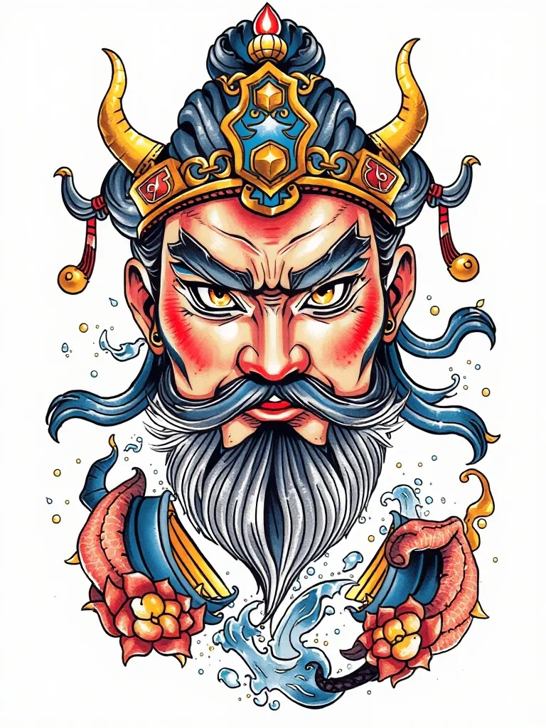 赵公明 表情端庄威武霸气 周围有水元素和金子 татуировка