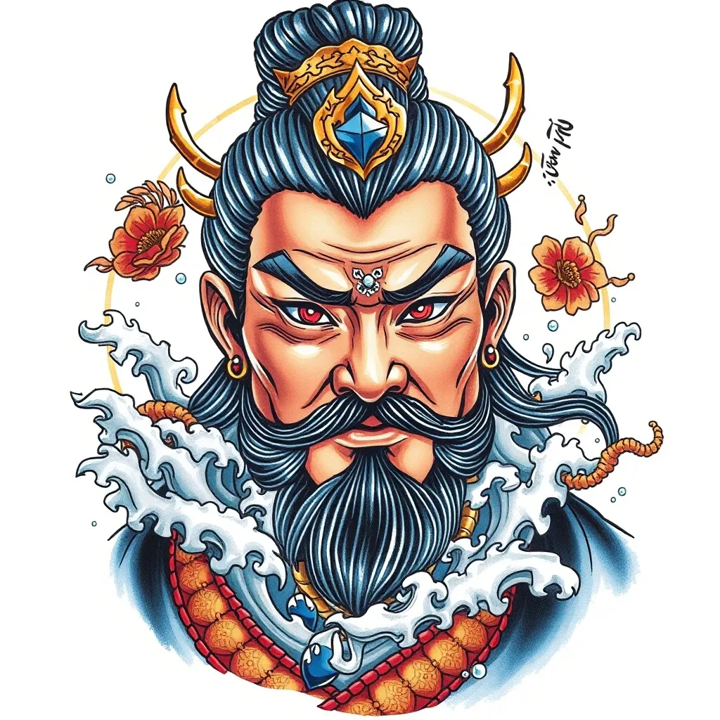 赵公明 表情端庄威武霸气 周围有水元素和金子 татуировка