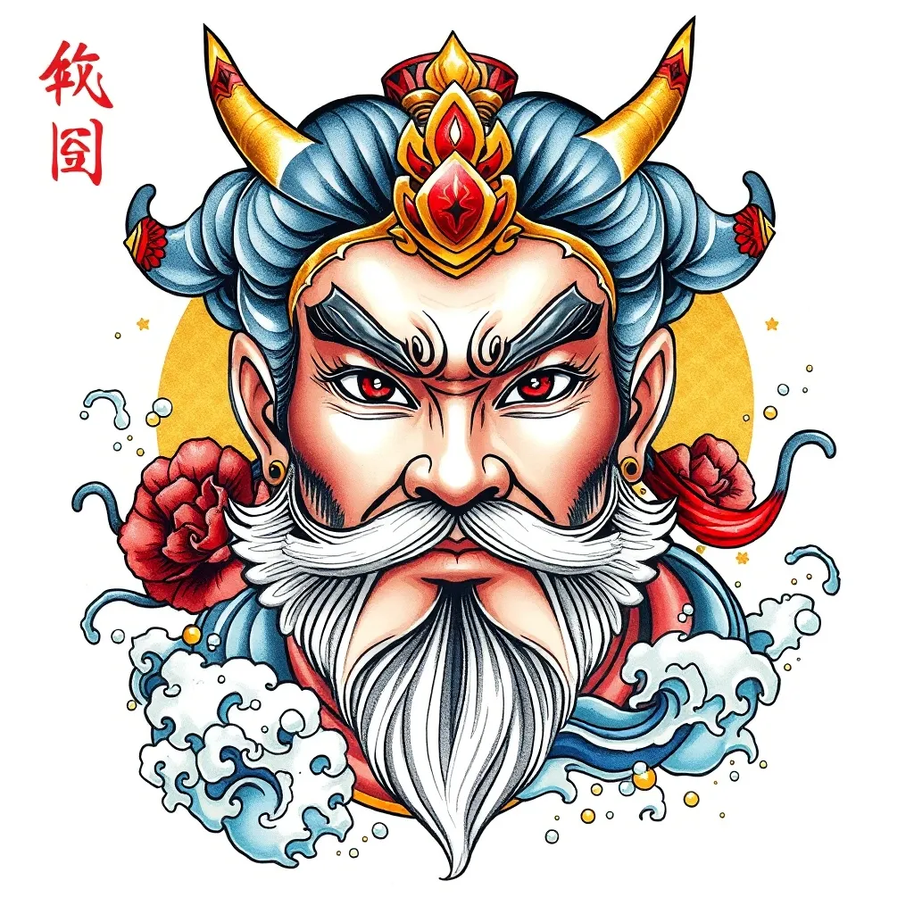 赵公明 表情端庄威武霸气 周围有水元素和金子 tatuaje