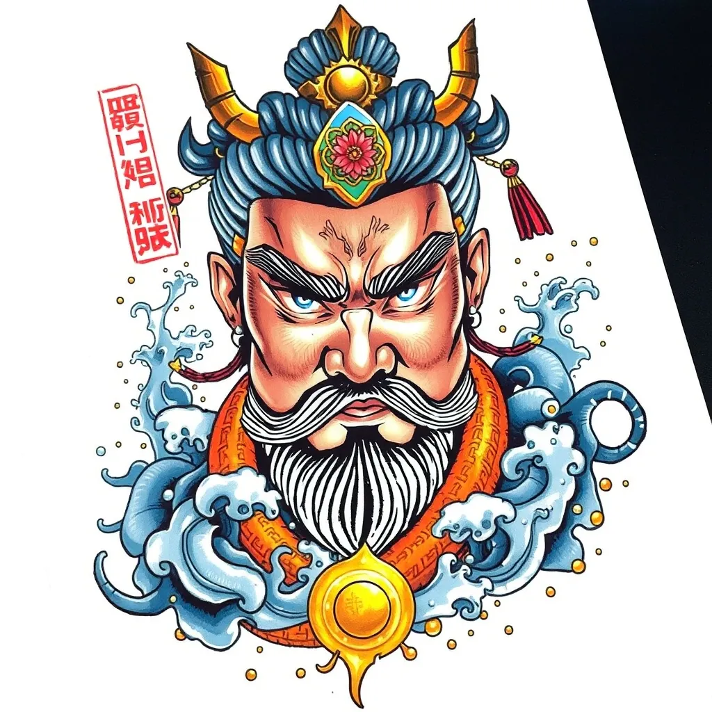 赵公明 表情端庄威武霸气 周围有水元素和金子 tatuaje