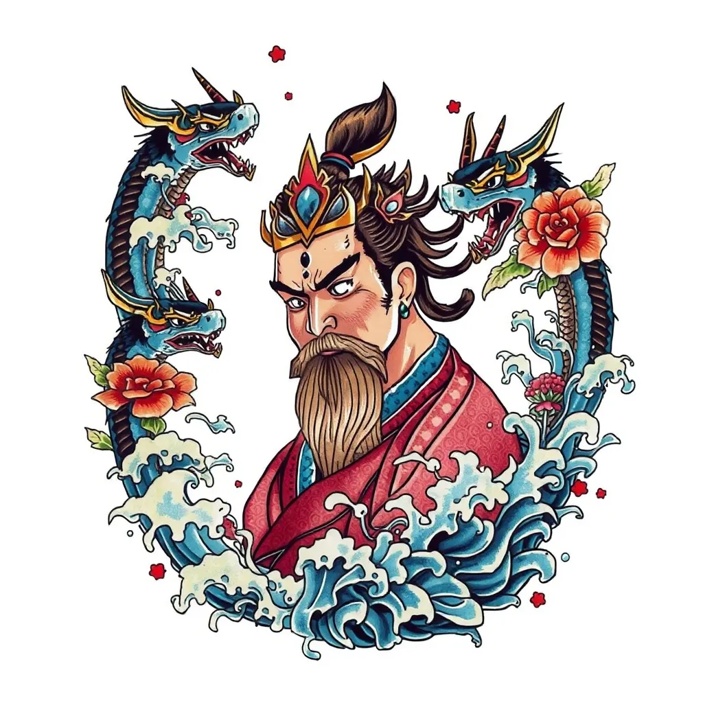 赵公明 周围有水元素 彩色 纹身