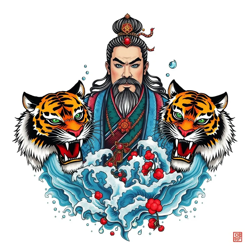 赵公明 周围有水元素  两边两个黑色的虎头 纹身