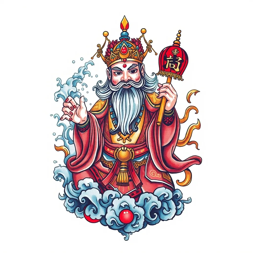财神赵公明 周围有水土金元素  tatuaggio