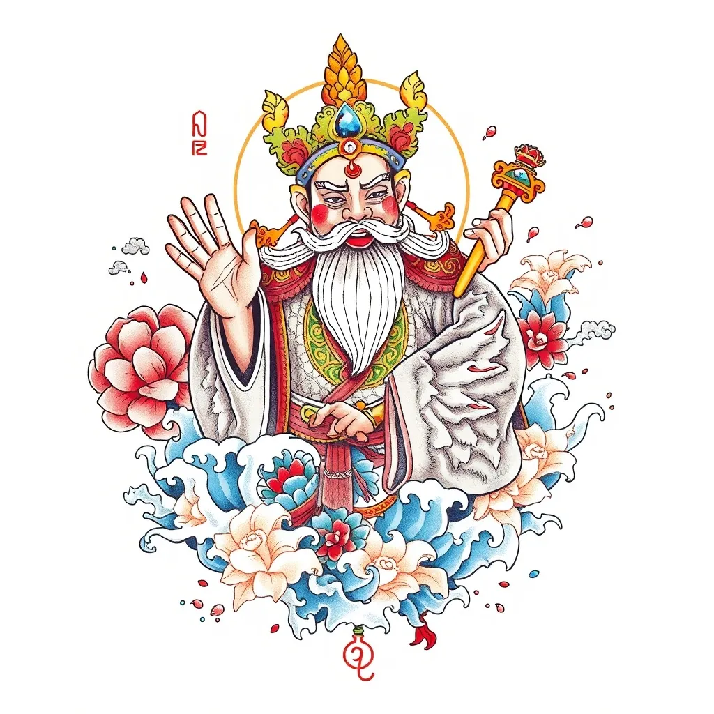 财神赵公明 周围有水元素 纹身