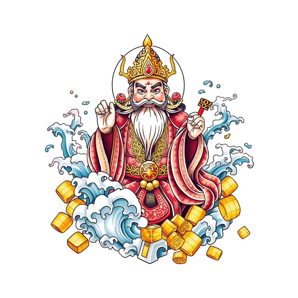  财神赵公明 周围有水元素和金元宝包围 tattoo