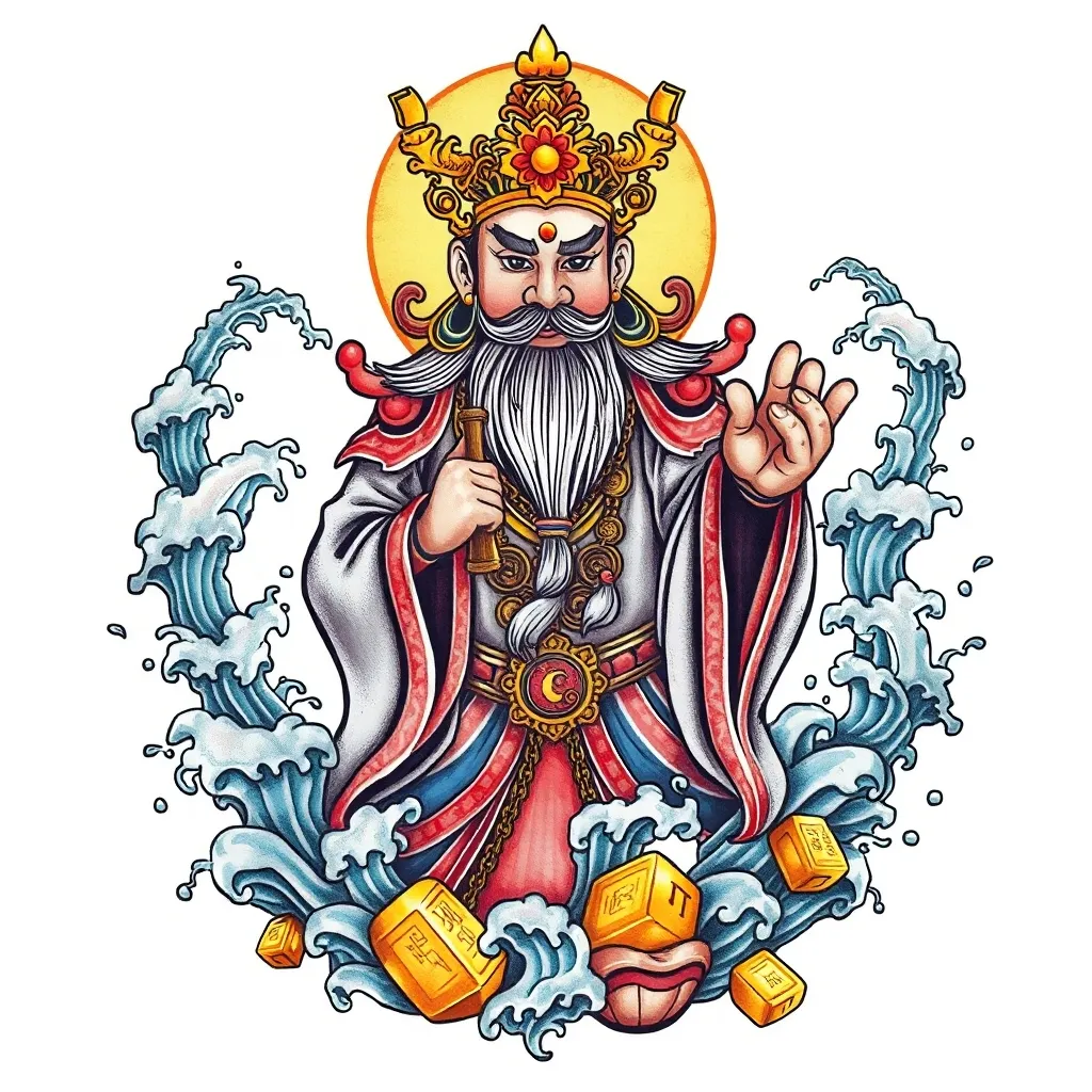 财神赵公明 周围有水元素和金元宝包围 tatuaje