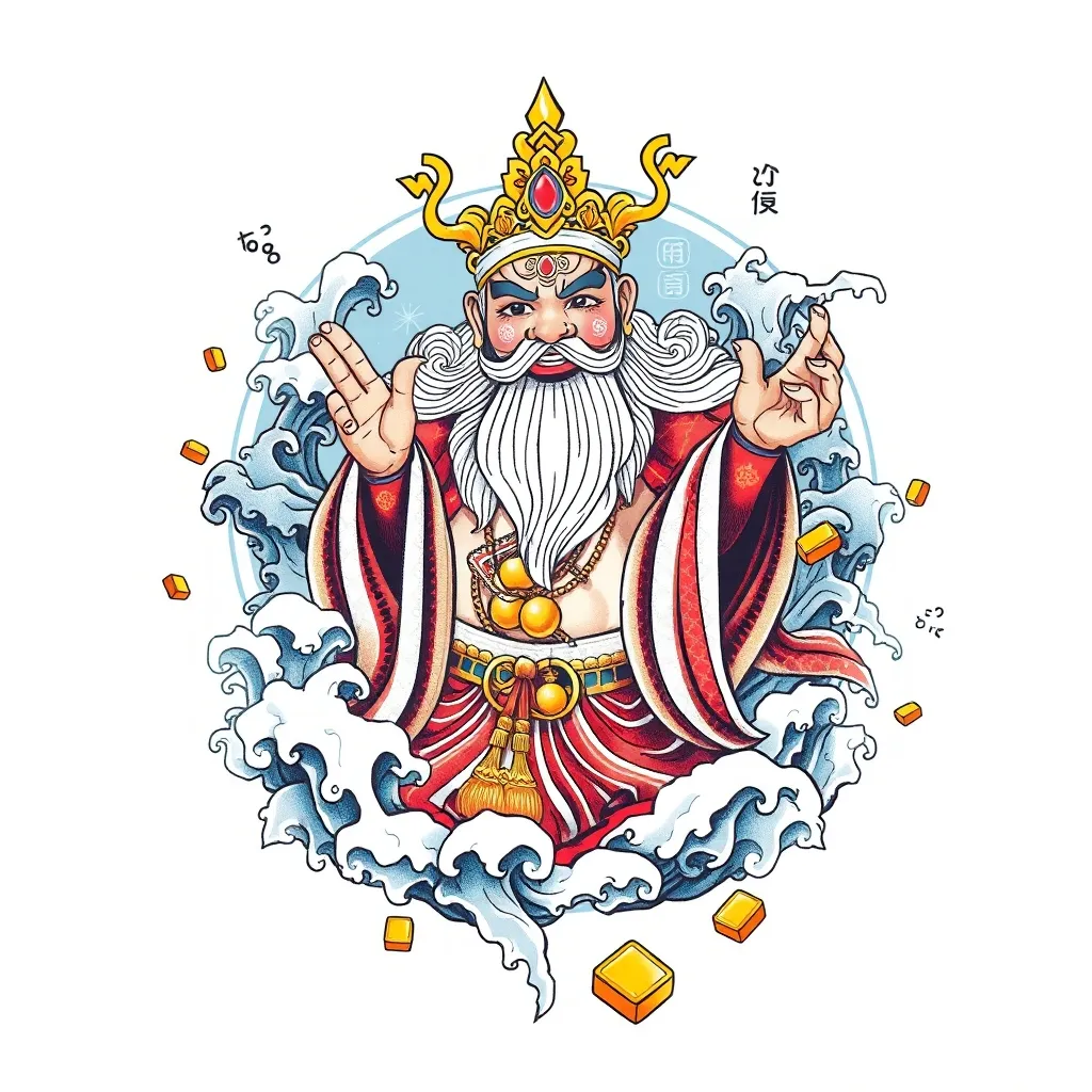 财神赵公明 周围有水元素和金元宝包围 tattoo