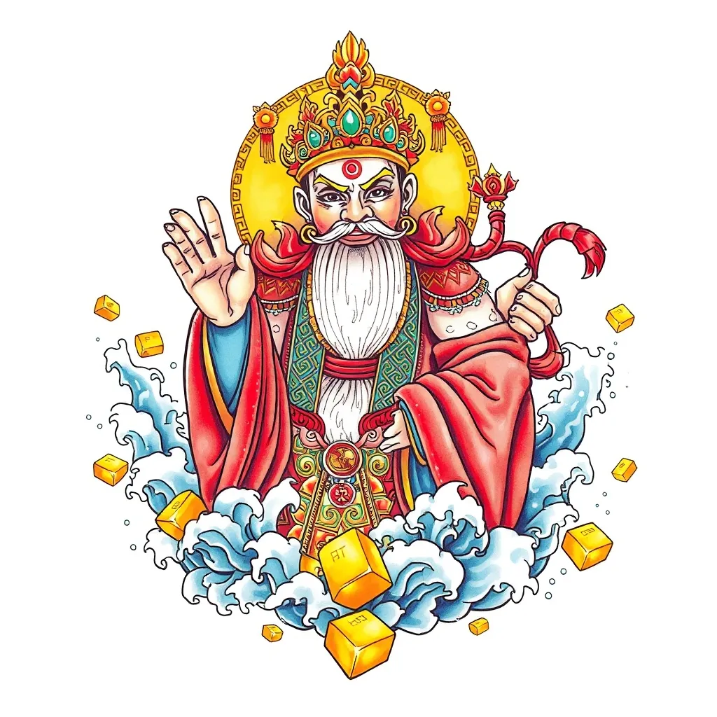 财神赵公明 周围有水元素和金元宝包围 tatuaje
